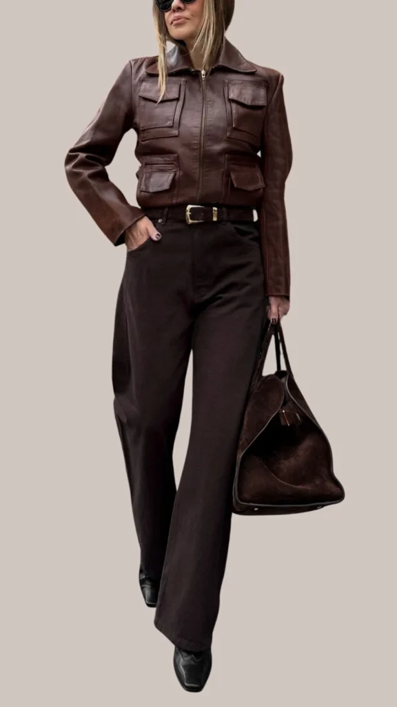 The outfit features a fitted, dark brown leather jacket with four front pockets, paired with high-waisted, wide-leg dark brown trousers. Accessories include sleek black sunglasses and a large suede handbag in a complementary shade of brown, enhancing the chic, sophisticated look. Textures range from the smooth leather of the jacket to the softer suede of the bag, creating a stylish contrast.