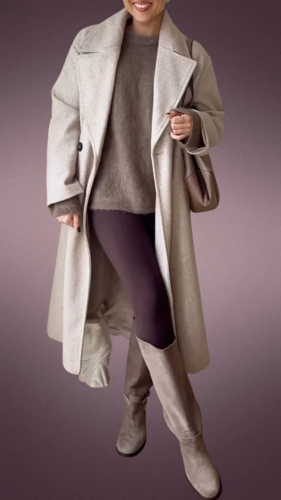 The outfit features soft, textured brown leggings paired with a cozy, oversized beige sweater, complemented by a knee-length cream coat made from a warm fabric. Accessories include tan knee-high boots and a matching shoulder bag, creating a stylish and comfortable ensemble perfect for winter and cooler months. The neutral shades blend harmoniously, emphasizing a relaxed yet chic aesthetic.