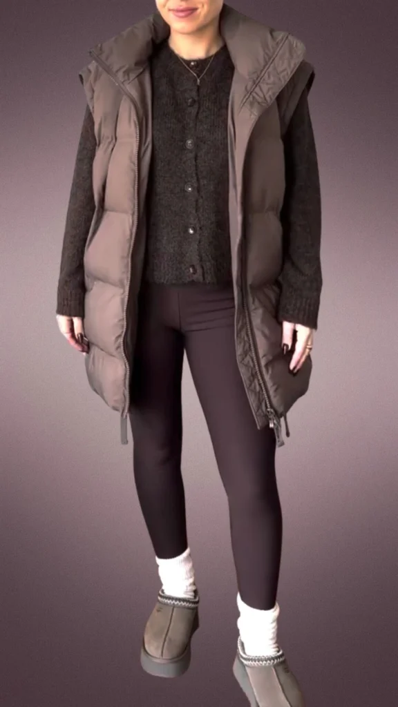 The outfit features form-fitting brown leggings made from a soft, stretchy fabric, paired with a cozy, textured black sweater and a padded, sleeveless vest in a rich taupe shade that adds warmth. Cozy white socks peeking from the boots create a snug layering effect, while the overall ensemble is designed for comfort during winter months.