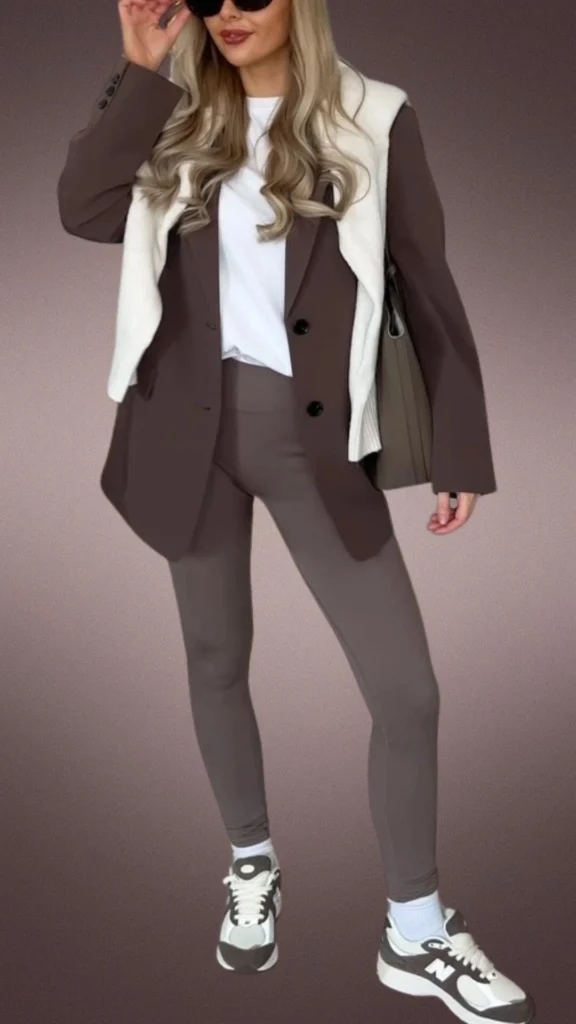The outfit features snug brown leggings made from a soft, stretchy fabric, paired with a chic oversized brown blazer and a white t-shirt beneath. A cozy cream wrap adds texture and warmth, while white athletic sneakers with black accents complete the look, making it both stylish and comfortable for winter. Dark sunglasses provide a fashionable touch, enhancing the overall cozy vibe of the ensemble.