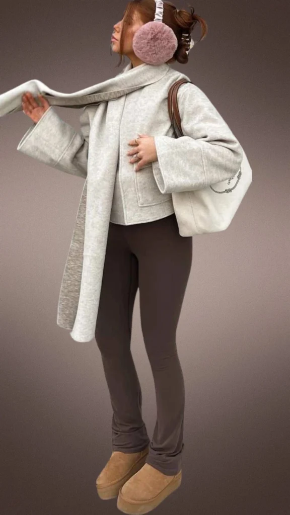 The cozy winter outfit features soft brown leggings made from a stretchy, warm fabric, paired with a plush light gray oversized coat with wide sleeves, adding a layer of comfort. Accessorized with fluffy pink earmuffs and tan, lined slip-on boots, the ensemble exudes a relaxed and warm vibe ideal for cooler months. A simple cream shoulder bag complements the look, enhancing the overall cozy aesthetic.
