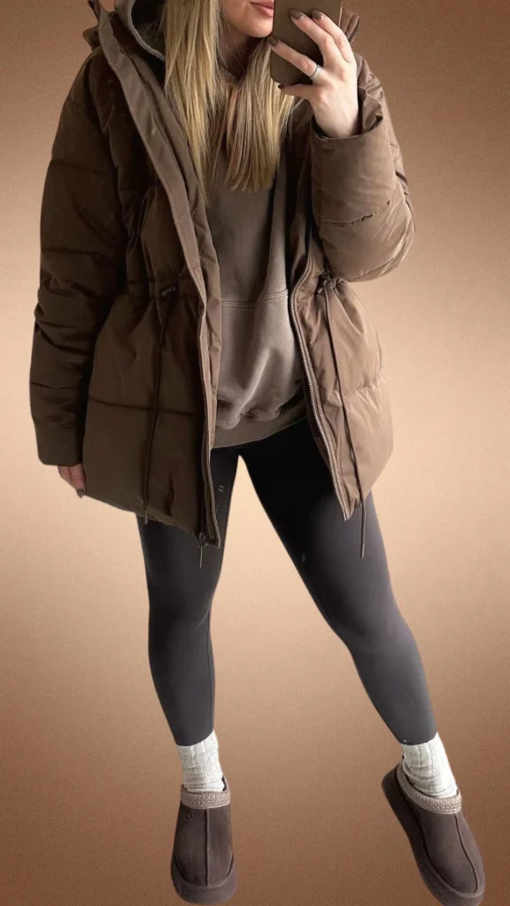 The outfit features a cozy, dark brown puffer jacket paired with a matching brown hoodie made from soft, warm fabric. Underneath, sleek black leggings provide comfort, complemented by fuzzy, chocolate-brown slippers and light gray, textured socks, creating a stylish, relaxed look perfect for winter warmth.