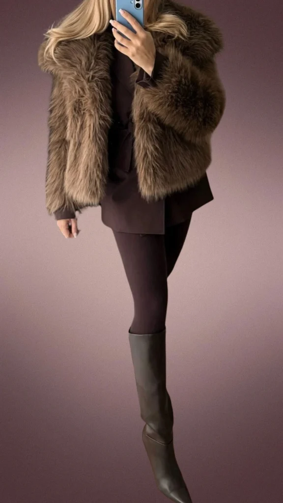 The outfit features soft, stretchy brown leggings paired with a dark, oversized sweater for warmth. Complementing this is a cozy faux fur jacket in a rich chestnut hue, layered over the sweater, and knee-high, sleek brown boots that add a touch of sophistication. This ensemble is both stylish and perfect for colder months, emphasizing comfort and coziness.