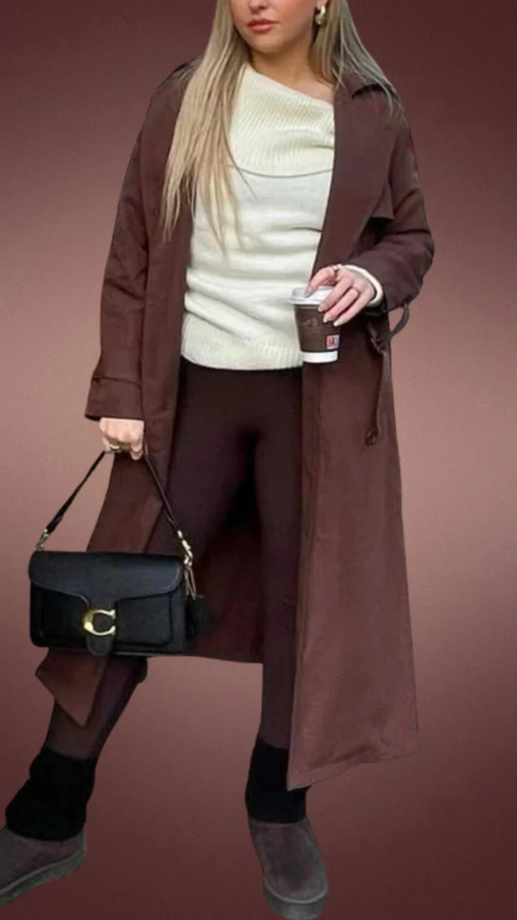 The outfit features cozy brown leggings paired with a soft, off-white ribbed sweater, layered under a long, rich brown coat made of a textured fabric that enhances warmth. Accessories include a black handbag and gray, comfortable boots, with black leg warmers adding extra insulation, making it ideal for winter and cooler months. The ensemble combines shades of brown and neutral tones for a stylish yet relaxed look.