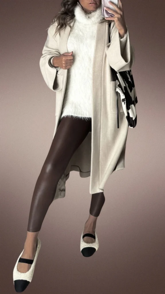 The outfit features sleek brown leggings made from a stretchy, smooth fabric that provides warmth and comfort, complemented by a cozy, cream-colored turtleneck sweater with a soft, fluffy texture. Layered with an oversized beige coat that has wide sleeves, the look is completed with warm, plush slippers featuring a black toe cap. An eye-catching, patterned tote bag adds a stylish touch.