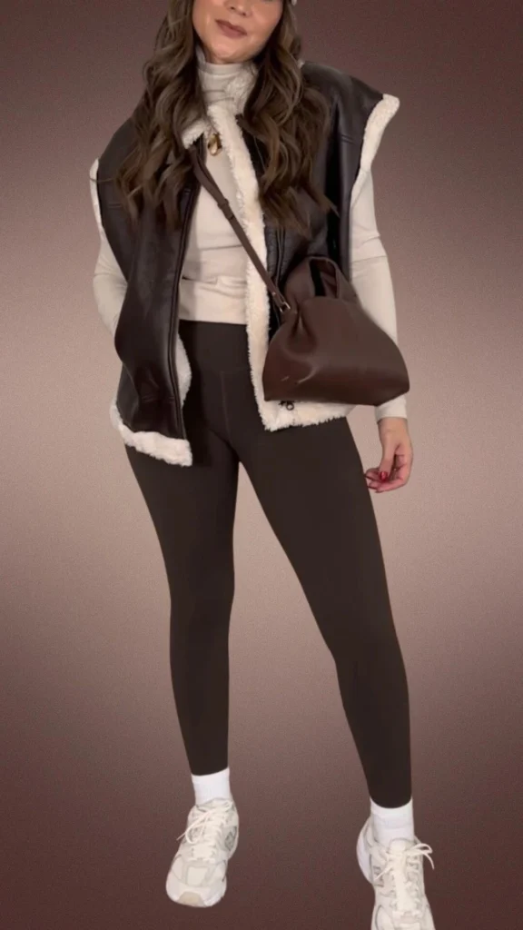 The outfit features dark brown leggings made from a stretchy, cozy fabric, paired with a fitted light beige turtleneck for warmth. Over this, a brown sleeveless jacket with a soft, shearling-like lining adds an extra layer of comfort, while the look is completed with white athletic shoes and a matching brown handbag, perfect for winter styling.