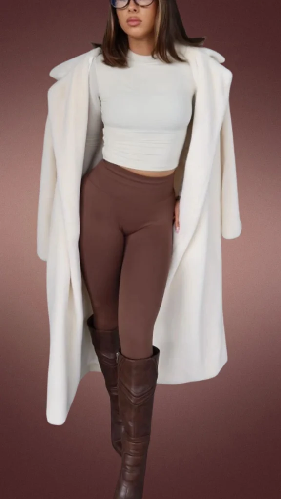 The outfit features high-waisted brown leggings made from a soft, stretchy fabric, paired with a fitted light cream long-sleeve top in a smooth texture. An oversized, cozy cream coat drapes over the ensemble, complemented by stylish brown knee-high boots, enhancing the warm, comfortable look ideal for winter months.