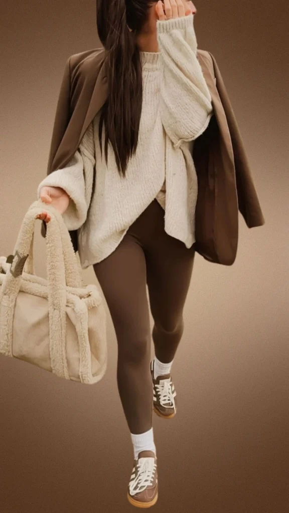 The outfit features cozy, dark brown leggings paired with a textured cream oversized sweater, creating a relaxed look perfect for winter. It is complemented by a tailored brown blazer draped over the shoulder and accessorized with a plush beige handbag and stylish brown sneakers with white accents, enhancing the overall comfort and warmth of the ensemble.