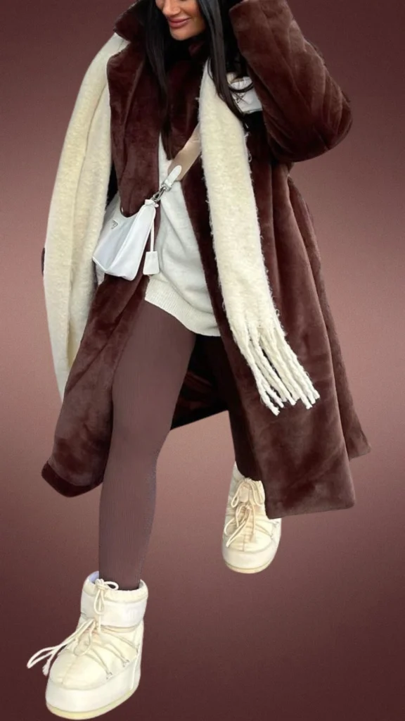 A cozy winter outfit featuring brown leggings made of a soft, ribbed knit fabric, paired with a chunky cream sweater and an oversized brown faux fur coat. The look is complemented by a warm, textured cream scarf and stylish cream snow boots, creating a comfortable and stylish ensemble perfect for cooler months. A small crossbody bag adds a practical touch to the outfit.