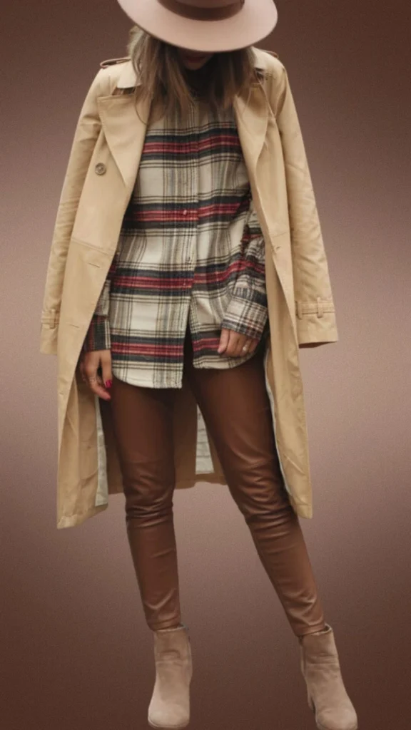 The outfit features form-fitting brown leggings made from a stretchy, comfortable fabric, paired with a cozy plaid flannel shirt in cream, red, and navy shades, offering a warm layered look. A lightweight tan trench coat adds a chic touch, while beige ankle boots provide a stylish yet comfy finish, perfect for winter outings. The ensemble combines texture and warmth, ensuring both comfort and style in cooler months.