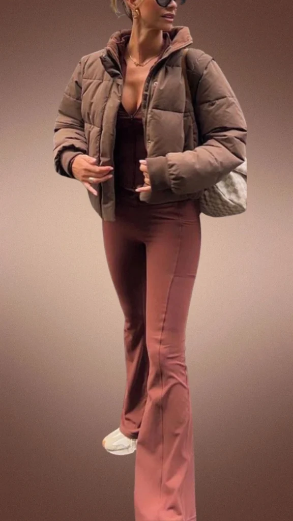 The outfit features cozy brown leggings made from a soft, stretchy fabric, paired with a plush, dark brown puffer jacket that provides warmth and comfort. The ensemble includes a fitted brown top, and is complemented by casual white sneakers, creating a stylish yet comfy look perfect for the cooler months. Accessories like subtle jewelry add a touch of elegance to this laid-back winter outfit.