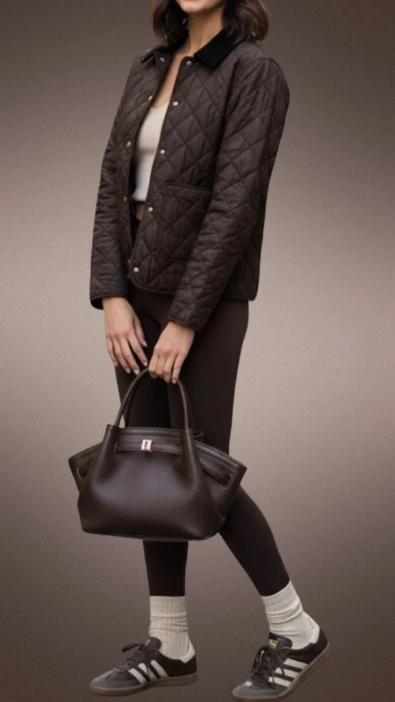 The outfit features cozy brown leggings paired with a quilted brown jacket, combining warmth and style for cooler months. A fitted beige top accentuates the look, while the outfit is complemented by a structured brown handbag and retro-inspired sneakers with white accents for added comfort. This ensemble seamlessly blends texture and shade, achieving a chic yet comfortable winter aesthetic.