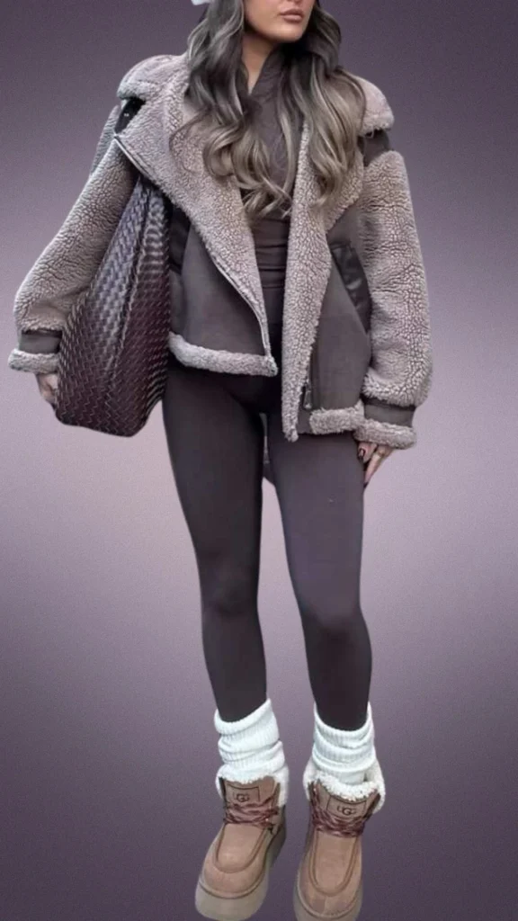 A cozy winter outfit features brown leggings paired with a soft, oversized brown shearling jacket, providing warmth and comfort. The look is complemented by cream-colored knit socks peeking out of stylish brown boots, enhancing the snug, layered aesthetic perfect for cooler months. A textured brown handbag adds a practical yet fashionable touch to the ensemble.