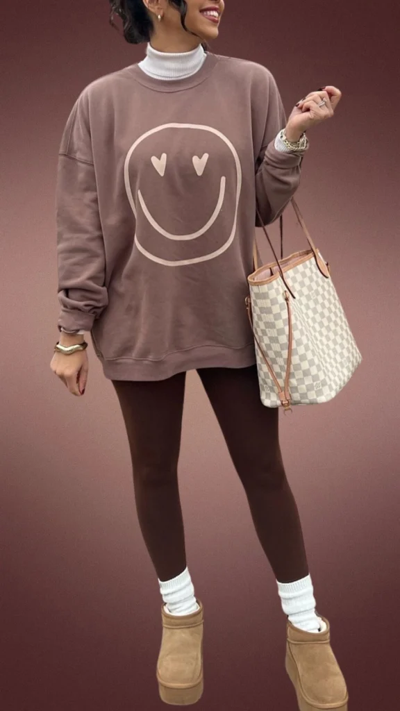 An oversized brown sweatshirt featuring a playful smiley face graphic is layered over a fitted white turtleneck, paired with soft, brown leggings for a cozy look. The outfit is complemented by white crew socks subtly peeking out above tan ankle boots, and a stylish checkered tote bag adds a trendy touch. This ensemble is designed for warmth and comfort during the winter months.