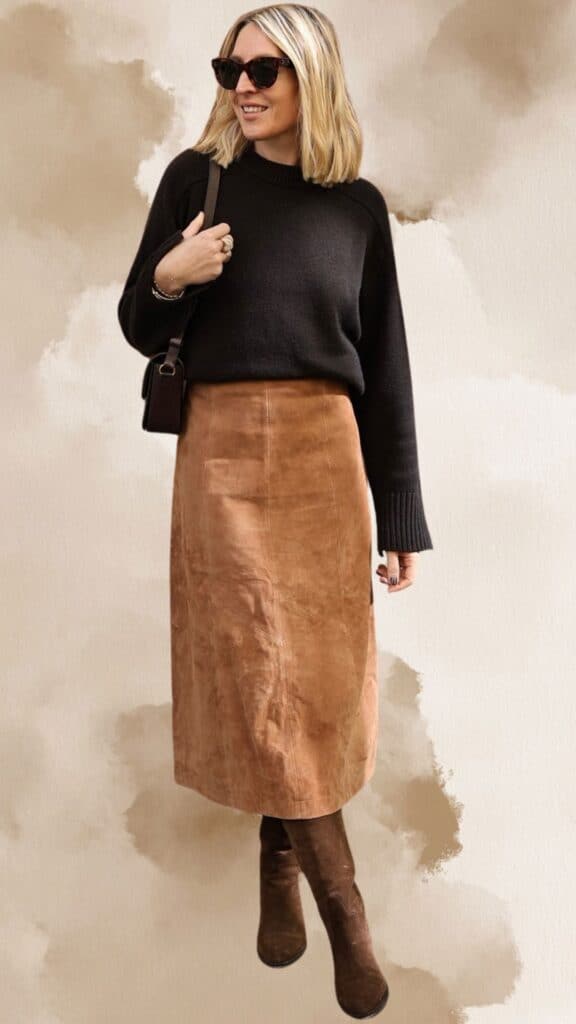 The outfit features a chic, fitted brown suede skirt that falls just below the knee, paired with a cozy black sweater, which adds contrast and warmth. Completing the look, knee-high brown suede boots provide a seamless transition between the skirt and footwear, while stylish dark sunglasses enhance the overall sophisticated vibe. The textures of the suede coexist harmoniously, creating a classy ensemble ideal for a stylish outing.