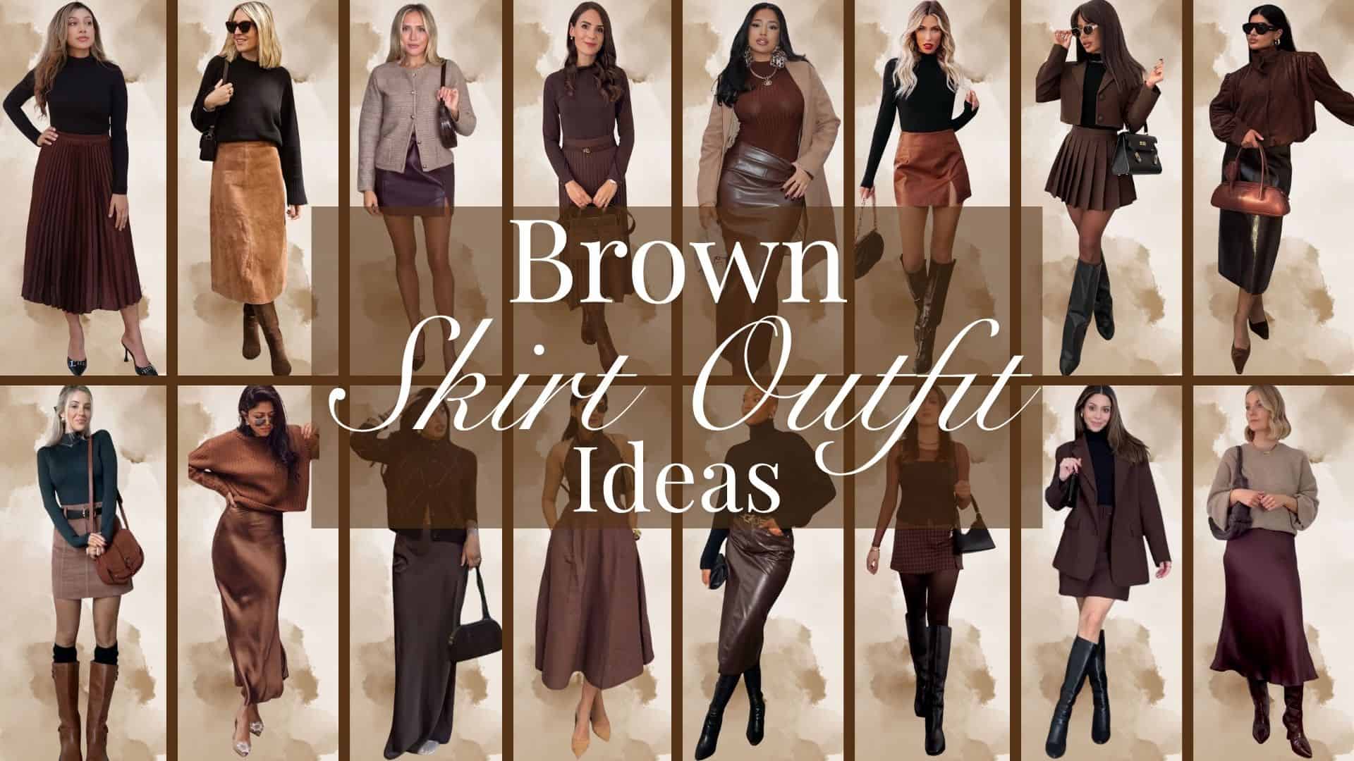 A collection of chic brown skirt outfits features various styles including pleated skirts, midi and mini lengths, all in shades ranging from rich chocolate to warm tan. Textures vary from soft suede to sleek satin, complemented by fitted turtlenecks and stylish cardigans. Accessories like oversized sunglasses and elegant handbags enhance the sophisticated look.