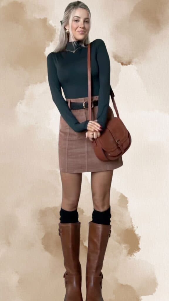 The outfit features a fitted, dark green long-sleeve top paired with a high-waisted brown corduroy skirt in a soft, muted tone. Complemented by knee-high brown leather boots and a matching brown crossbody bag, the look is accessorized with a black belt and knee-high black socks, creating a chic and layered appearance.