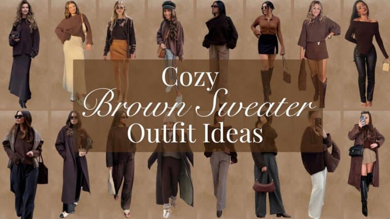 The image showcases a variety of outfits centered around cozy brown sweaters, featuring different textures such as chunky knits and soft fabrics. Accessories include sunglasses, bags, and knee-high boots, enhancing the chic yet comfortable aesthetic. The warm brown palette is complemented by lighter shades, creating versatile looks perfect for cold weather.