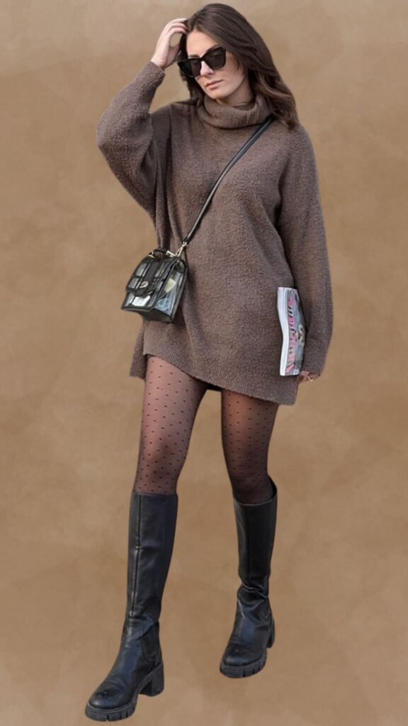 The outfit features an oversized, cozy brown turtleneck sweater made from a soft, textured material, paired with sheer black polka-dot tights. Completing the look are knee-high black leather boots with a chunky sole and a small black crossbody bag, adding both style and practicality. The combination offers a warm yet chic appearance ideal for cold weather.