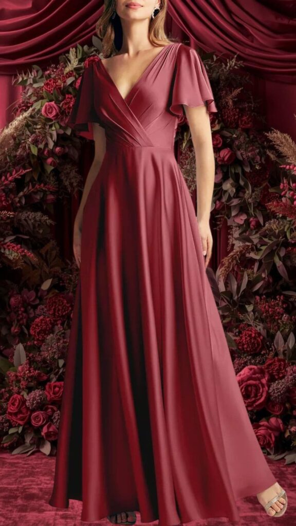A burgundy bridesmaid dress featuring a flattering V-neckline and elegant flutter sleeves. The flowing skirt falls gracefully to the floor, crafted from a smooth fabric that enhances movement, making it perfect for a wedding. The rich color and soft texture create a sophisticated yet romantic look.