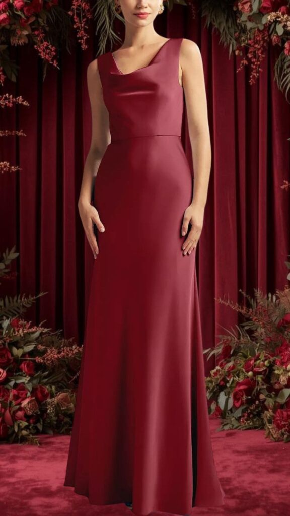A stunning burgundy bridesmaid dress featuring a sleek, floor-length silhouette. The dress has a unique asymmetrical neckline, with one wide strap, and is crafted from a smooth, satin-like fabric that softly drapes over the body. It showcases a fitted waistline and a simple, elegant design with no additional embellishments, ensuring a timeless and sophisticated look.