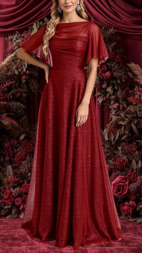 Elegant burgundy bridesmaid dress with a boat neckline and flutter sleeves. The dress features a shimmering, textured fabric that flows gracefully to the floor, enhancing its romantic appeal. Ideal for weddings, it combines sophistication and comfort with a flattering silhouette.