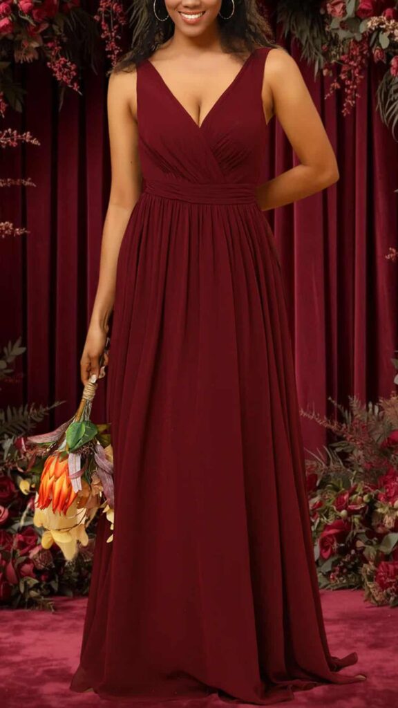 The dress features a deep V-neckline and wide straps, crafted from flowing burgundy fabric that drapes gracefully to the floor. It has a fitted waist that enhances the silhouette, complemented by pleats for added texture and movement. The overall design exudes elegance, making it an ideal choice for bridesmaids at a wedding.