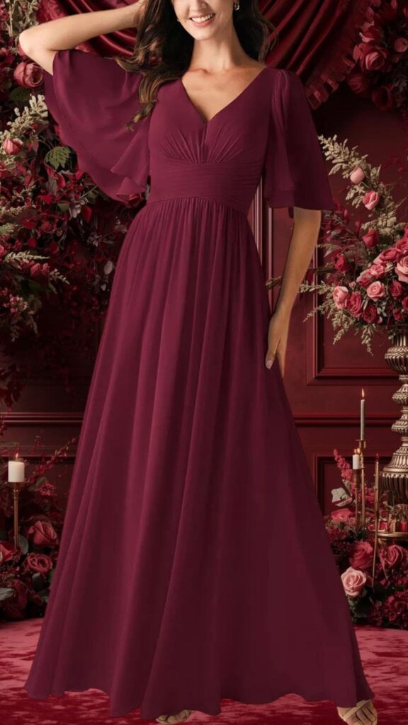 This burgundy bridesmaid dress features a flowing, floor-length design with a flattering V-neckline and elegant flutter sleeves. Made from soft, textured fabric, it has a fitted bodice with gathered detailing at the center, creating a romantic and timeless silhouette perfect for weddings. The rich color and graceful cut make it an ideal choice for bridesmaid attire or formal events.