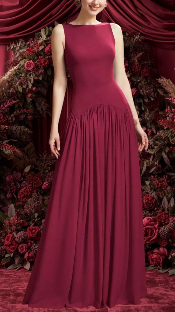 The dress features a sleeveless, high boat neckline in a rich burgundy color, crafted from a flowy, soft fabric that drapes elegantly to the floor. It showcases gathered detailing at the waist, creating a subtle silhouette that flatters the figure while offering a timeless and sophisticated look, perfect for bridesmaids or wedding guests. The simple yet elegant design makes it versatile for various wedding themes.