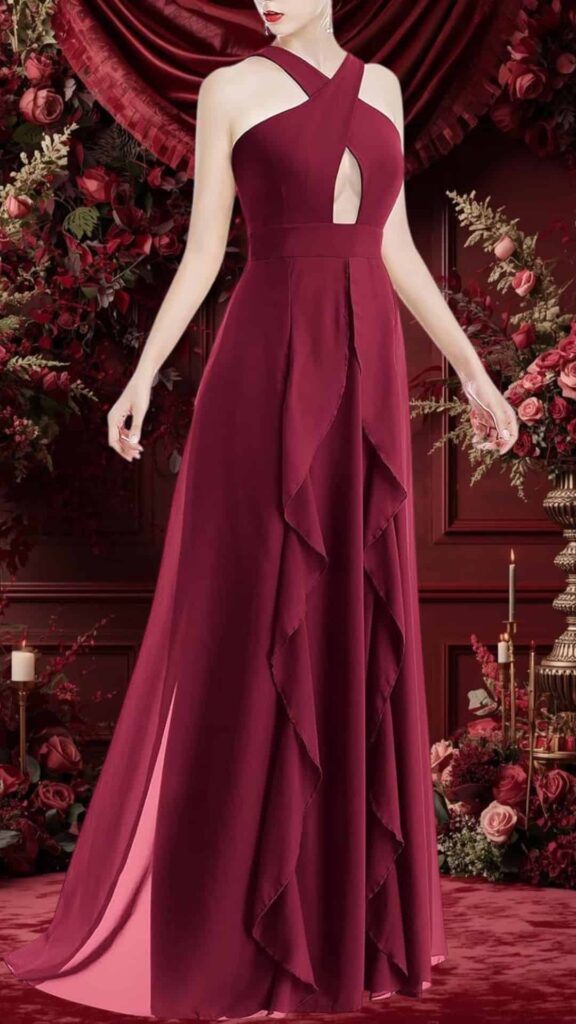 This elegant burgundy bridesmaid dress features a fitted bodice with a plunging keyhole neckline and criss-cross straps. The flowing chiffon fabric cascades into a flattering A-line silhouette, adorned with soft ruffles along the front and stylish side slits for movement. Its rich color and sophisticated design make it an ideal choice for weddings.
