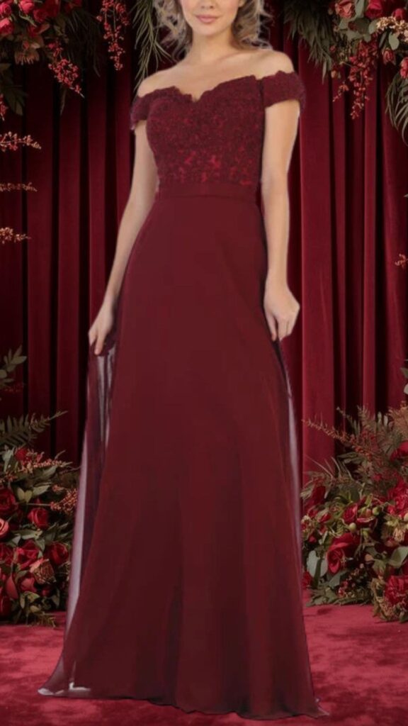Burgundy off-the-shoulder bridesmaid dress features a delicate lace bodice and a flowing chiffon skirt with a subtle front slit. The dress showcases a fitted waistline and gentle flare, enhancing elegance while maintaining comfort. Its rich color and intricate texture make it a beautiful choice for weddings.