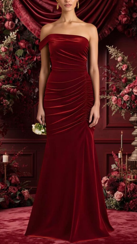 This elegant burgundy bridesmaid dress features a form-fitting silhouette with an off-the-shoulder neckline, made from rich, smooth fabric that enhances its luxurious appearance. The dress is adorned with delicate ruching along the sides, creating a flattering contour, and flows into a subtly flared skirt at the hem, perfect for a sophisticated wedding setting.