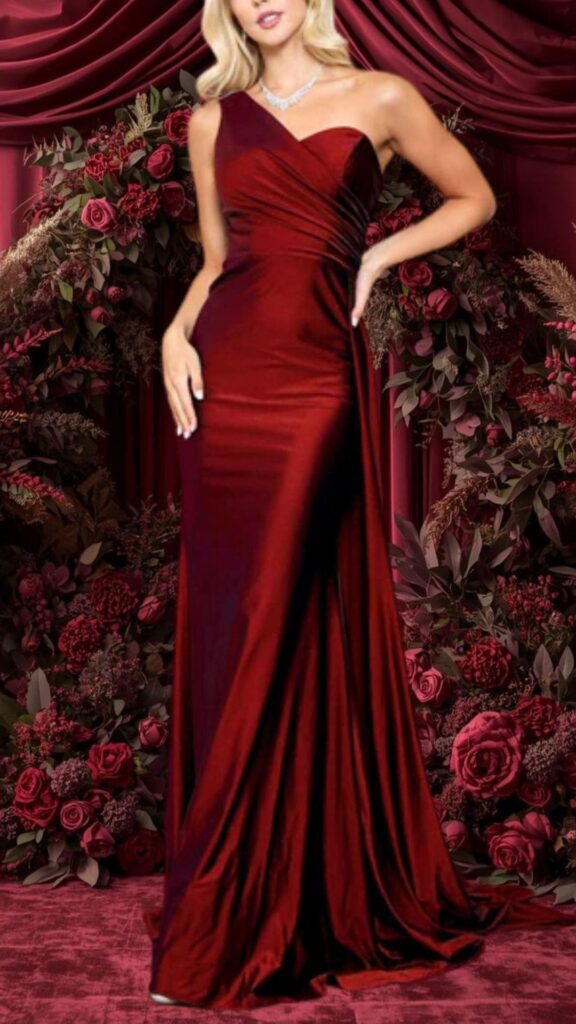 A fitted burgundy bridesmaid dress featuring a one-shoulder neckline and sleek, floor-length silhouette. The fabric has a luxurious sheen with draped detailing that accentuates the waist, creating an elegant and sophisticated look. This dress is designed for graceful movement, making it perfect for a wedding celebration.