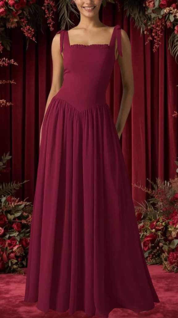 A burgundy bridesmaid dress featuring a square neckline and delicate adjustable straps. The fitted bodice flows into a full, chiffon skirt with a soft, gathered texture, creating an elegant and romantic silhouette perfect for weddings. The rich color adds sophistication, while the dress offers pockets for added convenience.
