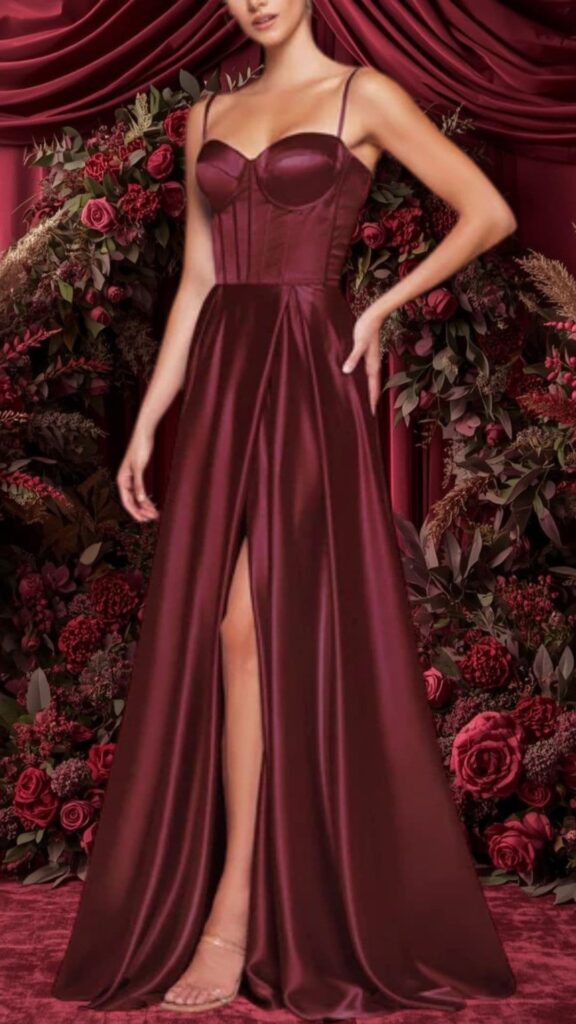 A burgundy satin bridesmaid dress featuring a sweetheart neckline and thin adjustable straps. The fitted bodice flows into a floor-length skirt with a thigh-high slit, showcasing a luxurious texture and elegant draping. This gown combines sophistication and style, perfect for a wedding setting.