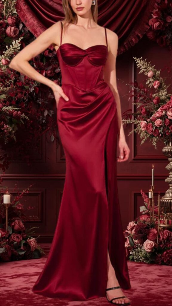 This elegant burgundy bridesmaid dress features a sweetheart neckline and thin adjustable straps, offering a flattering silhouette. The dress is made from smooth satin, showcasing a fitted bodice and flowing skirt with a dramatic side slit that enhances movement. Designed with a sophisticated drape, it combines classic charm with modern allure, making it a perfect choice for weddings.