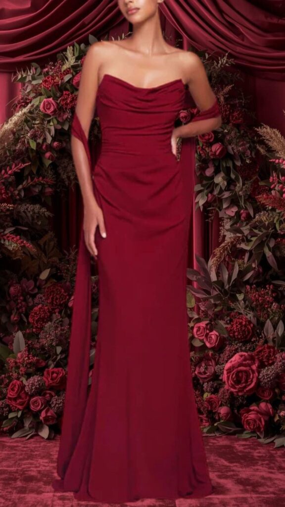 This burgundy bridesmaid dress features a sweetheart neckline with draped detailing, offering an elegant and feminine silhouette. The sleeveless design accentuates the shoulders, while a flowing, floor-length skirt and subtle side slit provide gracefulness, making it a stunning choice for wedding celebrations. The fabric has a smooth texture, enhancing its sophisticated look.