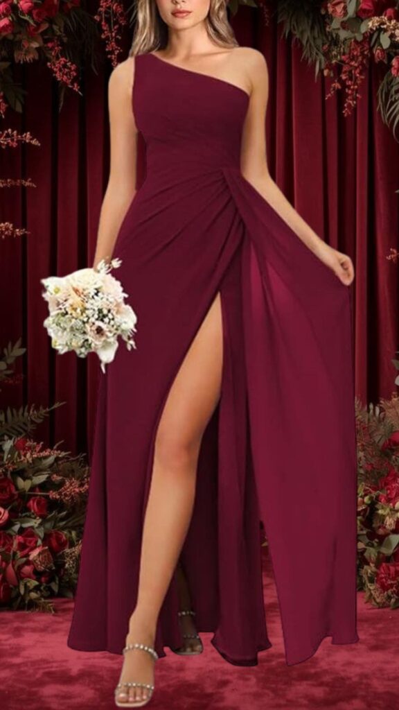 The dress features a chic one-shoulder design in a deep burgundy hue, accentuated by elegant draping that flatters the silhouette. A thigh-high slit adds a touch of allure, while the soft fabric flows gracefully, creating a stunning look for bridesmaids or wedding guests.