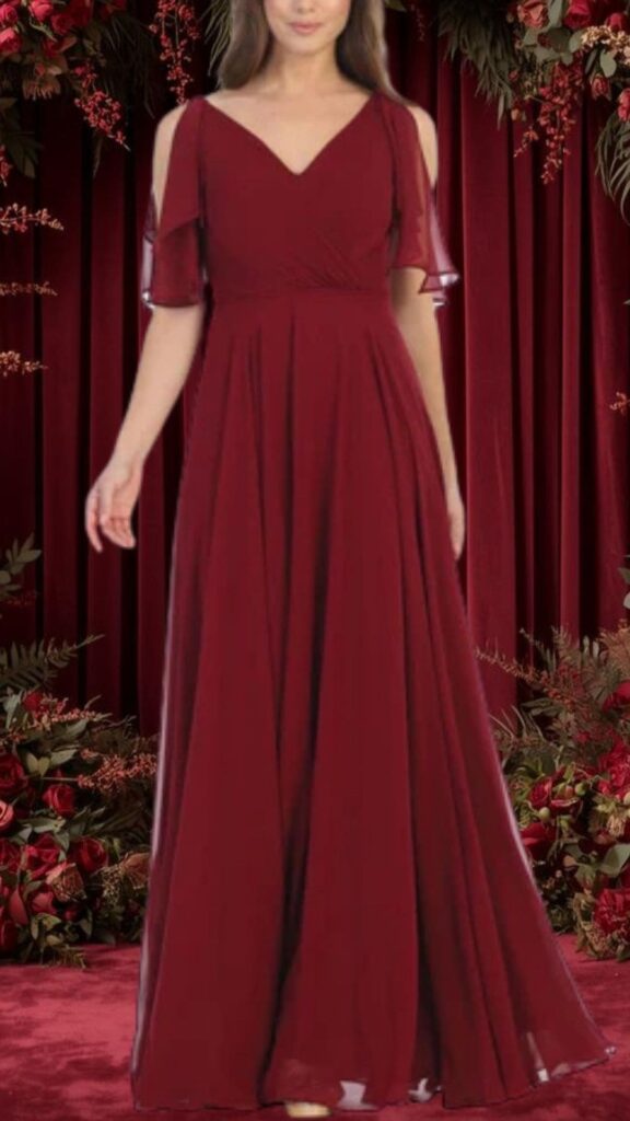 The dress features a rich burgundy color with a flattering V-neckline and cold shoulder sleeves that create an elegant silhouette. Made from flowing, lightweight fabric, it has a relaxed fit that gently drapes to the floor, enhancing its romantic appeal. The soft, layered chiffon sleeves add a touch of sophistication to this beautiful bridesmaid gown.