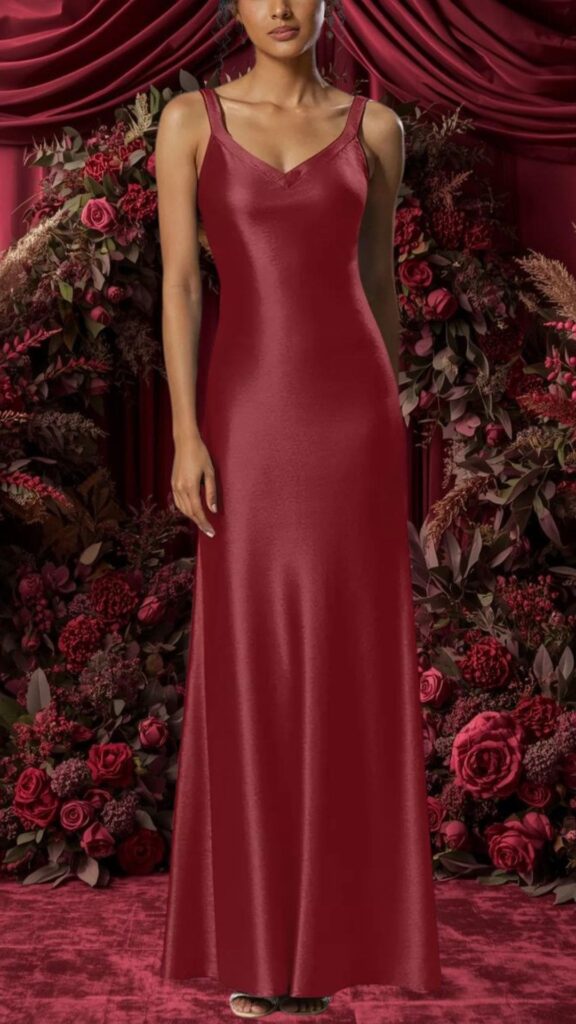 The burgundy bridesmaid dress features a sleek, floor-length silhouette with a fitted bodice and a flattering V-neckline. It has thin, adjustable straps and is made from a smooth, satin fabric that offers a glossy sheen, enhancing its elegant appearance. The design is simple yet sophisticated, making it a versatile choice for weddings.