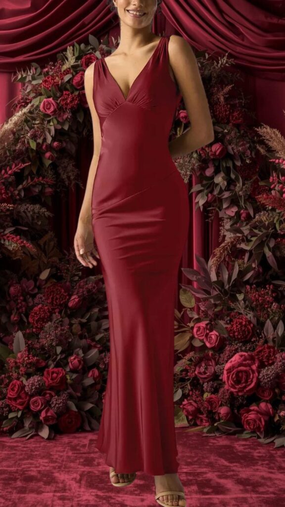 Burgundy bridesmaid dress featuring a fitted silhouette that elegantly hugs the body, with a deep V-neckline and wide, supportive straps. The dress is crafted from a smooth, stretchy fabric and showcases a floor-length cut that flows gracefully, perfect for comfort and movement during the celebration. No additional embellishments or slits are present, ensuring a timeless and classic look suitable for any wedding.