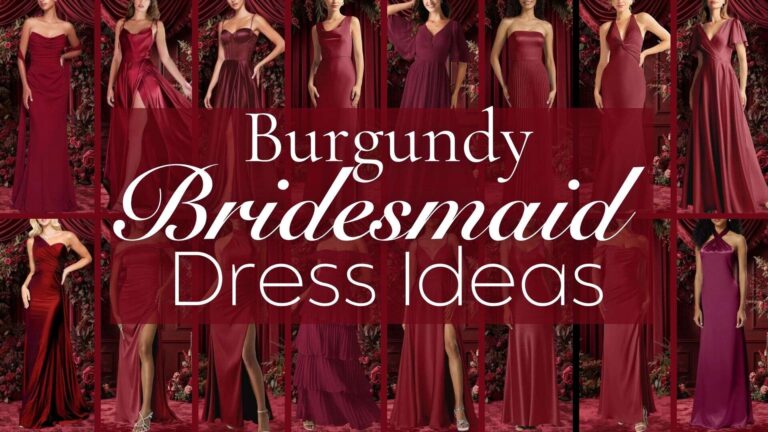The image showcases a variety of burgundy bridesmaid dresses featuring different styles, necklines, and sleeve lengths. Several gowns have elegant strapless, spaghetti strap, and off-the-shoulder designs, while materials range from smooth satin to structured pleats. Notable details include thigh-high slits, subtle ruching, and intricate beadwork, offering a blend of modern and classic aesthetics suitable for any wedding celebration.