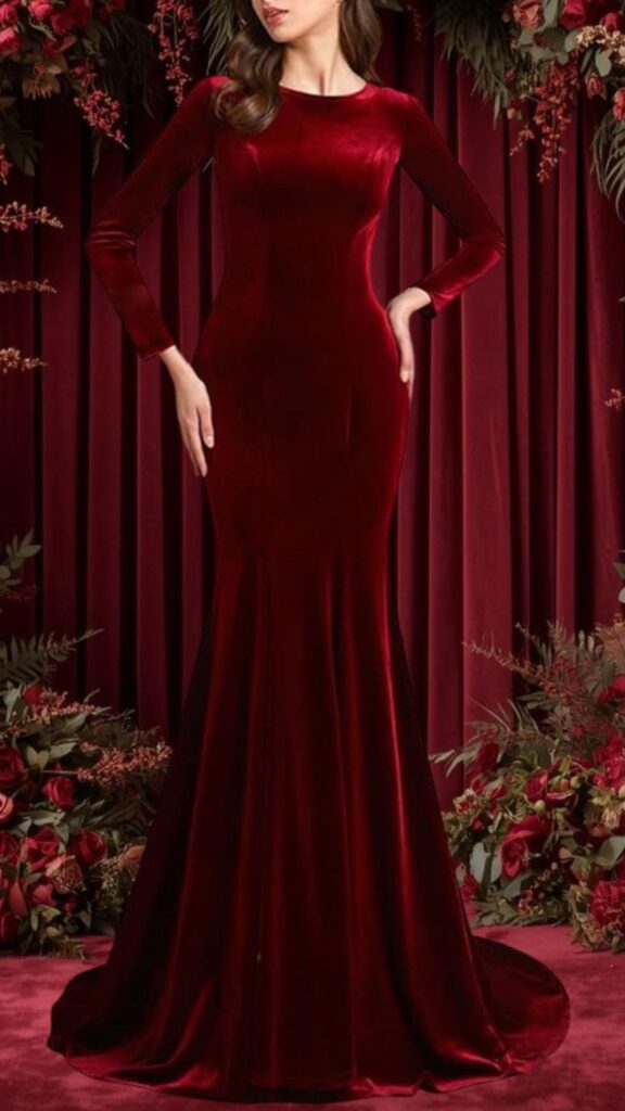 This burgundy bridesmaid dress features a fitted silhouette that elegantly flares out from the knee, crafted from luxurious velvet for a soft texture. It has long sleeves and a round neckline, providing a timeless look, while the rich wine color enhances its sophistication, making it an ideal choice for formal occasions. The dress offers a flattering shape without any cutouts or embellishments, emphasizing simplicity and elegance.