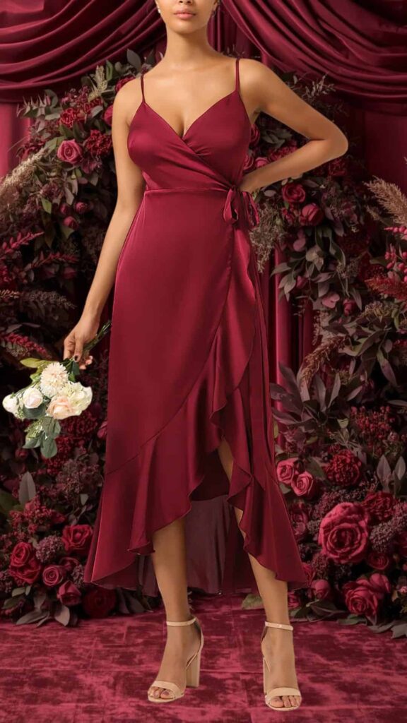 The burgundy bridesmaid dress features a wrap-style design with a deep V-neckline and delicate spaghetti straps. Made from smooth fabric, the dress lightly cascades into a ruffled asymmetrical hem, offering a flattering silhouette accentuated by a tie at the waist. The elegant color and flowing style make it a beautiful choice for any wedding.