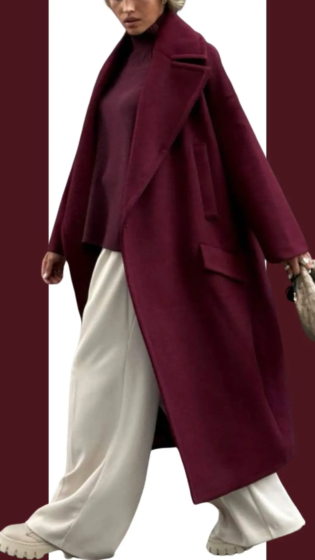 The outfit features a luxurious burgundy coat made from a soft, textured fabric, showcasing a long, open design and wide lapels. Underneath, a matching burgundy knit top with a high neckline layers elegantly with flowy, light beige trousers that create a stunning contrast. Paired with chunky beige shoes, this ensemble exudes a chic and sophisticated aesthetic.