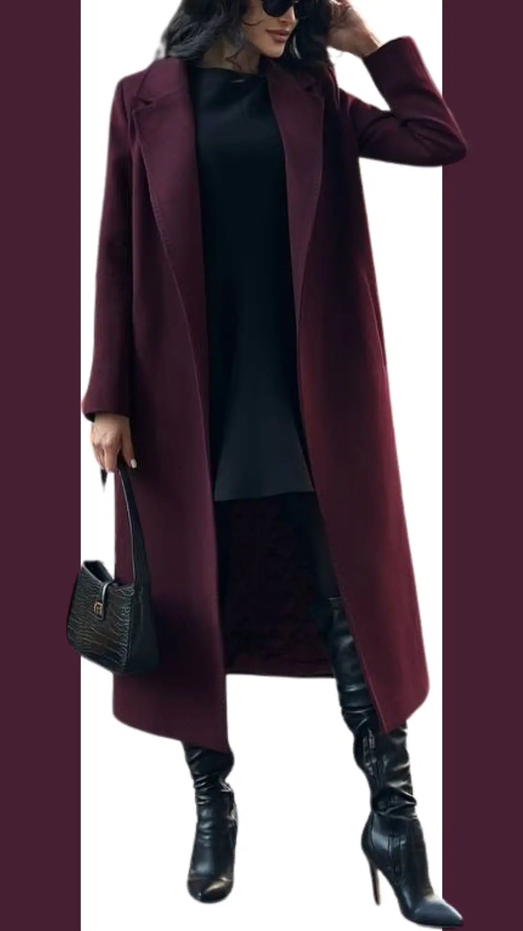 A long burgundy coat made from a soft, textured fabric features a sleek lapel and full-length sleeves, layered over a fitted black dress. The outfit is completed with thigh-high black stiletto boots, creating a striking contrast against the deep burgundy shade. A chic black handbag adds an elegant touch to the overall look.