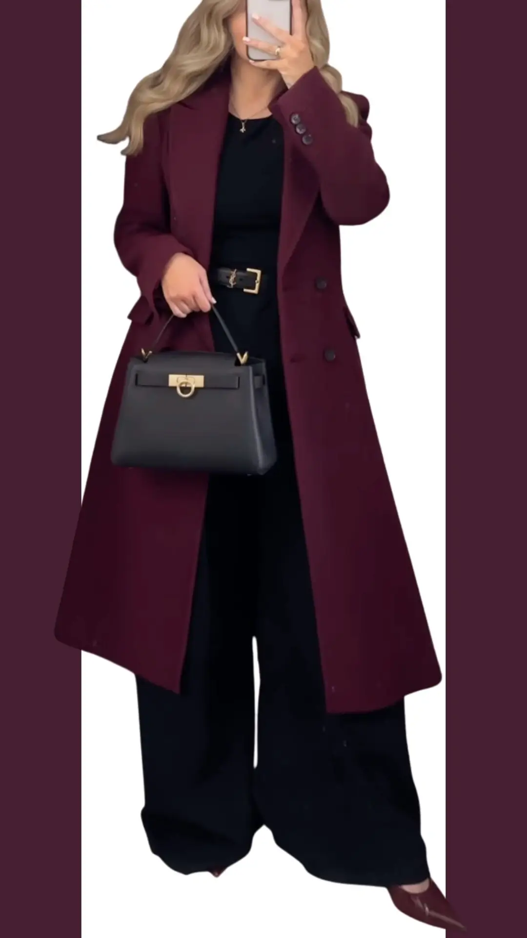 The outfit features a long burgundy coat crafted from a smooth, structured fabric with a tailored fit, complemented by a sleek black top. It has a notch collar, buttoned sleeves, and is cinched at the waist with a black belt, paired with wide-leg black trousers and elegant pointed-toe burgundy heels. A sophisticated black handbag with a gold clasp adds a polished touch to this stylish ensemble.