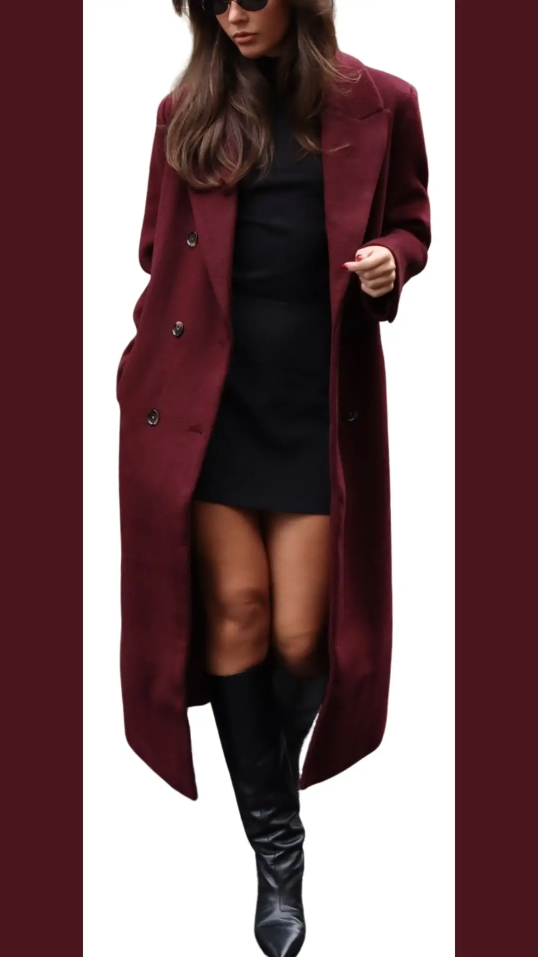 A stylish burgundy coat made from a soft, textured fabric features a double-breasted design with black buttons. Underneath, a fitted black dress complements the coat, and knee-high black boots add a sleek touch to the outfit. The coat has pronounced lapels and long sleeves, creating an elegant silhouette.