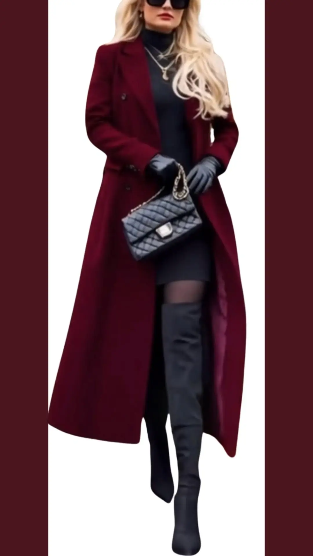 A stylish burgundy double-breasted coat features a sleek, tailored fit with smooth, wool-like texture and long sleeves. Paired with a fitted black dress, over-the-knee black stiletto boots, and black leather gloves, the outfit is completed with a chic quilted gray handbag and layered gold necklaces, exuding elegance and sophistication. The high neckline of the dress complements the coat's refined silhouette, making it a stunning ensemble for any occasion.