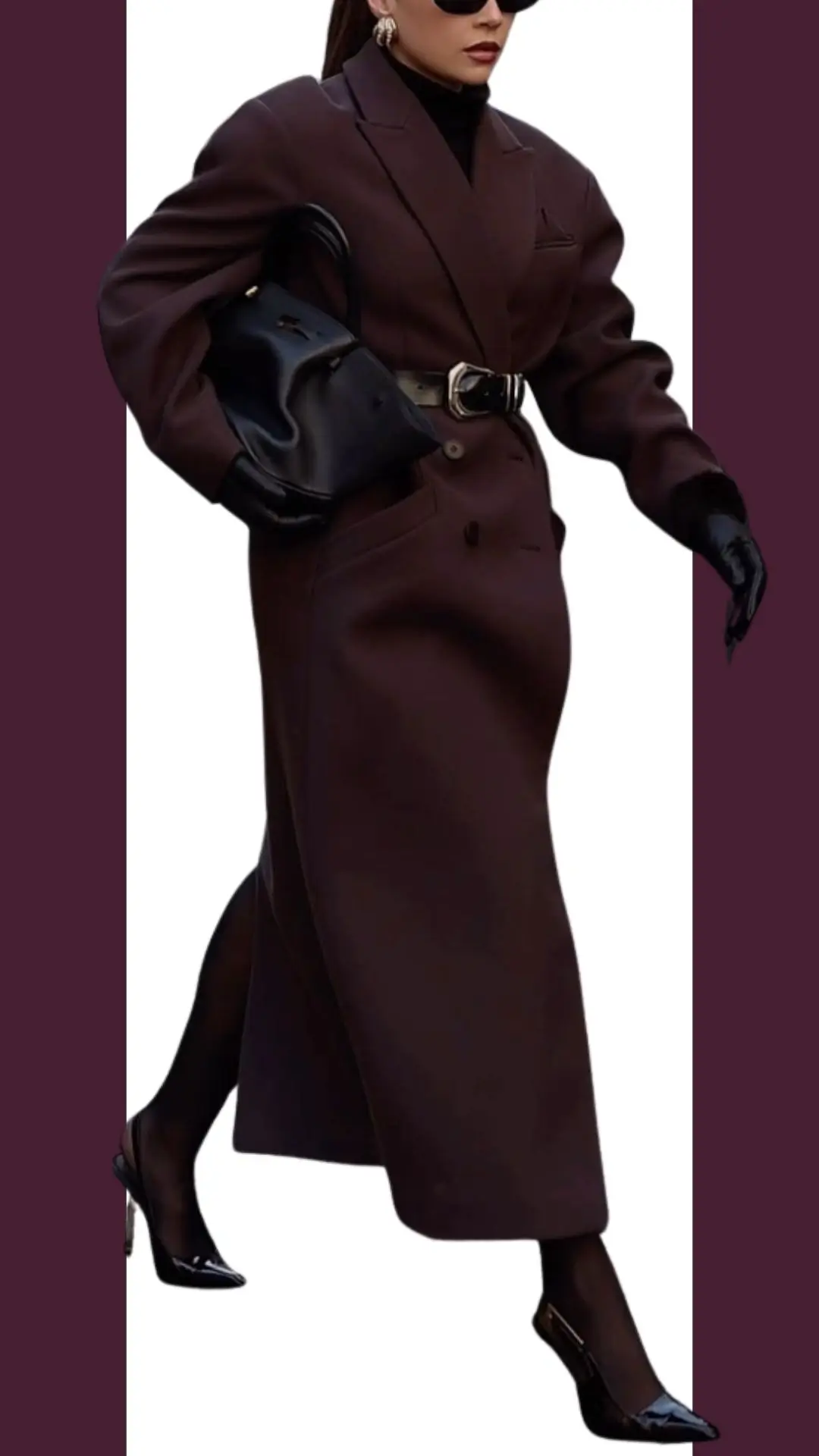 The outfit features a tailored burgundy coat made from a structured fabric, complemented by a fitted black turtleneck underneath. It includes long sleeves and a belted waist for a defined silhouette, paired with sleek black stiletto heels and sheer black tights, exuding an elegant and sophisticated aesthetic. Accessories like oversized sunglasses and a structured handbag complete the chic look.